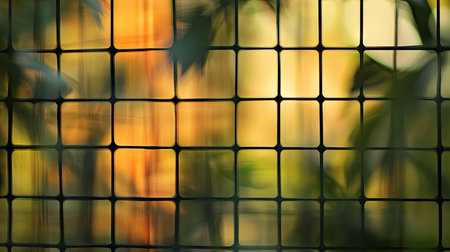 Blurred background through a grid fence, focusing on the texture and material of the metal.の素材