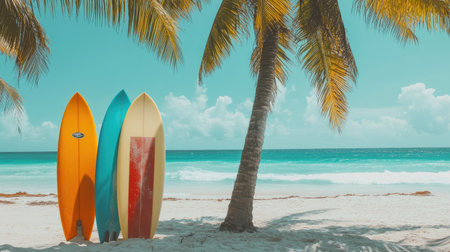 Brightly colored surfboards leaning against a palm tree on the beach, with turquoise ocean in the backgroundの素材