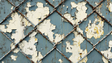 A worn grid metal fence with peeling paint, showing signs of age and urban decay.の素材