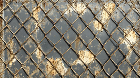 A worn grid metal fence with peeling paint, showing signs of age and urban decay.の素材
