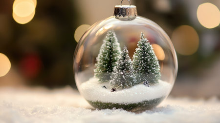 Clear ornament filled with artificial snow and mini pine trees, creating a tiny winter landscape.の素材
