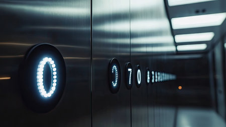 Close-up of elevator floor display with LED numbers in a modern building, surrounded by brushed metal panelingの素材