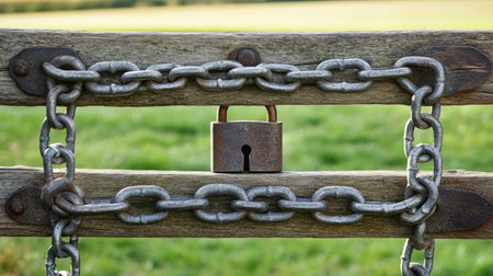 Close-up of a padlock and chains on a rustic wooden gate, representing privacy and rural security.の素材