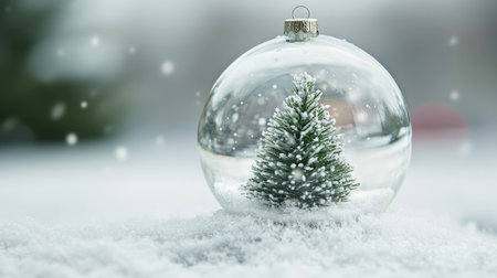 Clear glass ornament with a miniature snow-covered pine tree inside, resting on a snowy surface.の素材