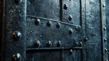 Close-up of an industrial metal door frame with rivets, capturing strength and rugged design.の素材