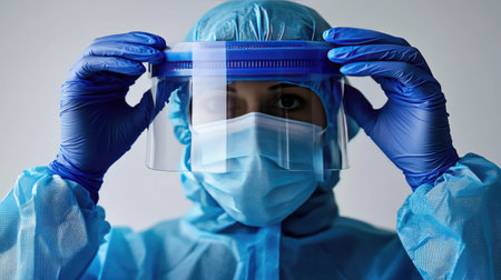 Blue nitrile-gloved hands adjusting a face shield, preparing for safety and hygiene protocols.の素材