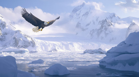 Bald eagle soaring over a glacier, with snow and ice glistening in the sunlight. Cold, pristine landscapeの素材