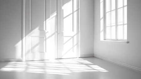 Close-up of a white plastic door frame, open with light streaming through, creating a welcoming atmosphere.の素材