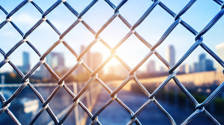 Chain-linked metal fence with city buildings in the background, symbolizing urban confinement.の素材