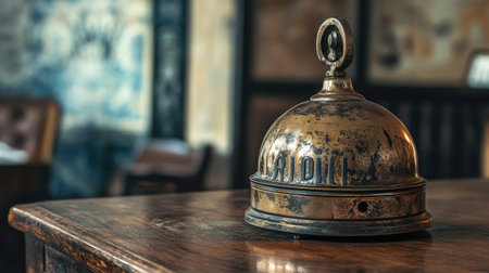 A worn, vintage service bell on an antique desk, evoking nostalgia for classic service traditions.の素材