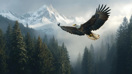 Bald eagle flying above dense pine forests with snow-covered mountain peaks in the distance. Wild and untamed landscapeの素材