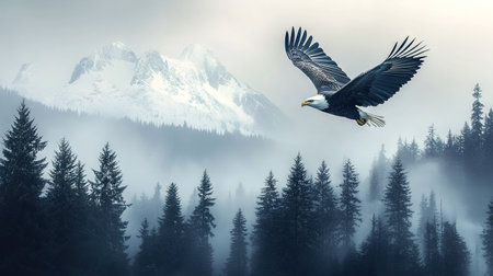 Bald eagle flying above dense pine forests with snow-covered mountain peaks in the distance. Wild and untamed landscapeの素材