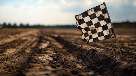 Checkered flag near the ground on a dirt track, showing the rugged excitement of off-road racing.の素材