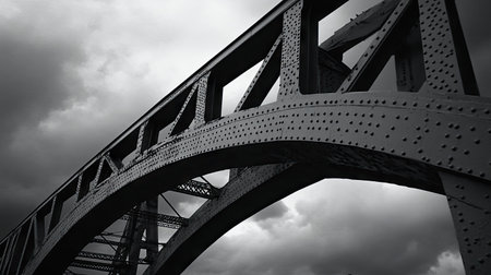 Bridge structure close-up with cloudy sky, highlighting the tension and balance of the design.の素材