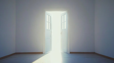 Clean, modern plastic door frame partially open against a white wall, symbolizing entry and simplicity.の素材