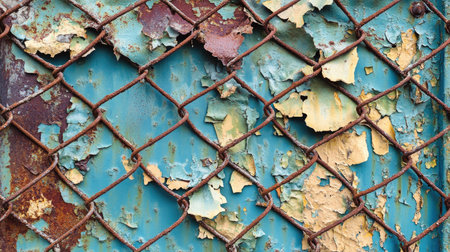 A worn grid metal fence with peeling paint, showing signs of age and urban decay.の素材