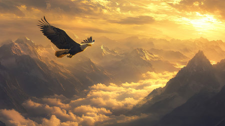 Bald eagle gliding over a misty mountain valley at sunrise, golden light illuminating the clouds and peaks belowの素材