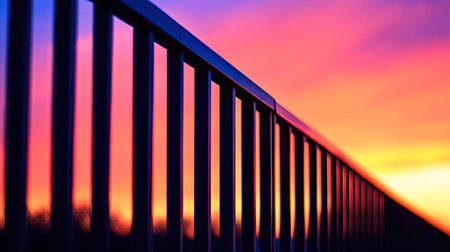 Close-up of bridge railings silhouetted against a vibrant sunrise sky, representing transitions and journeys.の素材
