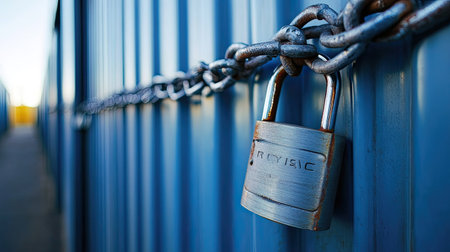 A padlock and chains securing an old storage unit, hinting at hidden treasures or forgotten spaces.の素材