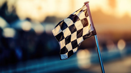 Checkered flag on a pole at a racing event, with spectators cheering in the blurred background.の素材