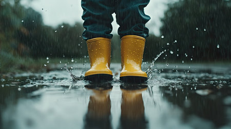 Child with rain boots standing in heavy rain, splashing in puddles with water droplets falling hard around themの素材