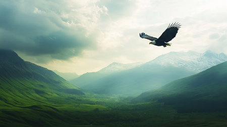 Bald eagle flying above a lush green valley, mountains in the distance under a soft and cloudy skyの素材