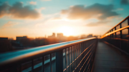 Close-up of bridge railing with city skyline in the distance and a sky of soft pastel clouds.の素材