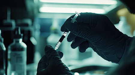 Close-up of a man's gloved hands holding a medical syringe, preparing for injection in a sterile environment.の素材