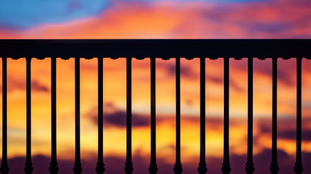 Close-up of bridge railings silhouetted against a vibrant sunrise sky, representing transitions and journeys.の素材