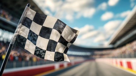 Checkered flag in focus against a blurred grandstand filled with cheering fans, celebrating the race's end.の素材