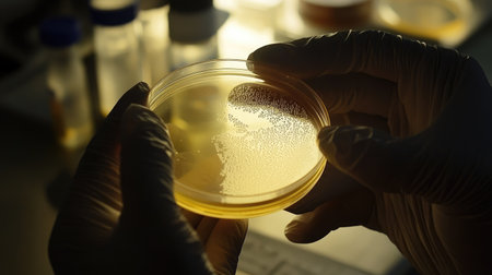 Close-up of gloved hands holding a petri dish, highlighting scientific research and care in a lab.の素材