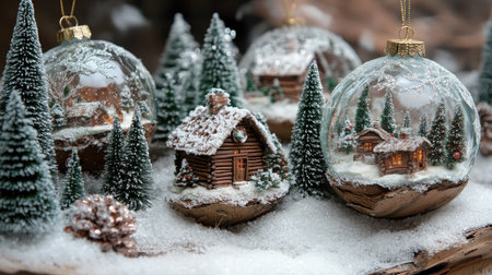 Close-up of Christmas ornaments with delicate snow scenes, featuring rustic wooden cabins and frosted trees.の素材