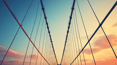 Close-up of bridge cables set against a soft dawn sky, symbolizing the start of a journey.の素材