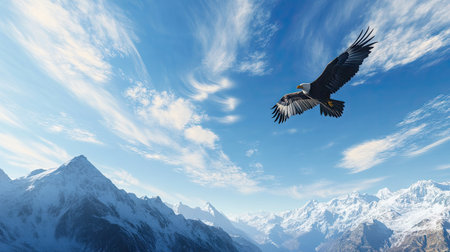 Eagle circling high above a mountain ridge, with blue sky and scattered clouds as the backdrop. Expansive and freeの素材