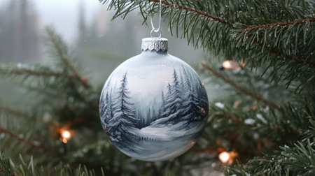 Delicate ornament with a snowy forest scene, hanging on a branch with twinkling lights behind.の素材