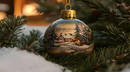 Glittering Christmas ornament with a peaceful snowy scene, resting on a bed of pine needles.の素材