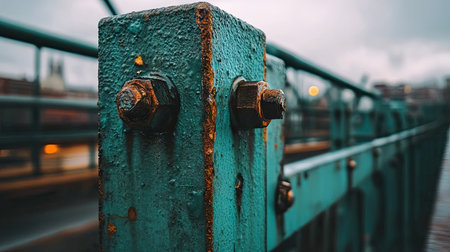 Detailed view of bridge rivets and bolts against an overcast sky, symbolizing endurance and resilience.の素材