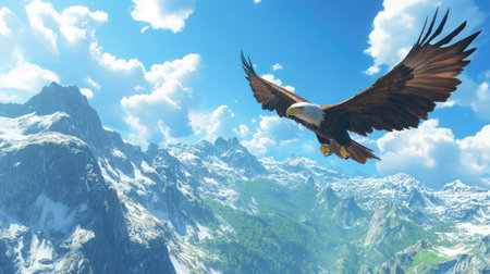 Eagle soaring against a brilliant blue sky with rugged mountains in the background, symbolizing freedom and powerの素材