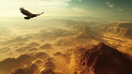 Eagle gliding above an expansive desert landscape with distant mountains on the horizon. Open and vast sceneryの素材