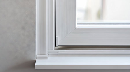 Detailed shot of a clean, white plastic door frame with the door open, showing minimalism in design.の素材