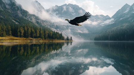 Eagle gliding effortlessly above a mountain lake, its reflection visible in the water below. Peaceful and serene vibeの素材