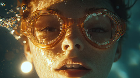 Close-up of swimmer's face underwater, goggles reflecting light and bubbles forming around their mouth as they breathe outの素材