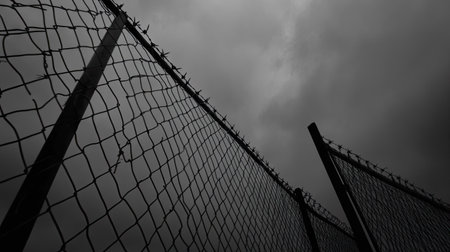 Low-angle shot of a grid metal fence under an overcast sky, evoking a somber, moody vibe.の素材