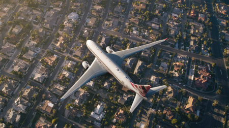 Commercial plane flying above a neighborhood with rooftops visible below, capturing the suburban view of passing planesの素材