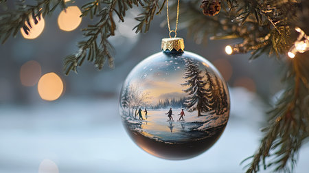 Delicate bauble with a winter scene of skaters on a frozen lake, hanging from a festive tree branch.の素材