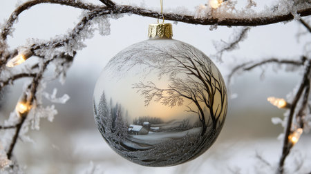 Frosted glass ornament with intricate winter scenes, hanging on a snowy branch with holiday lights.の素材