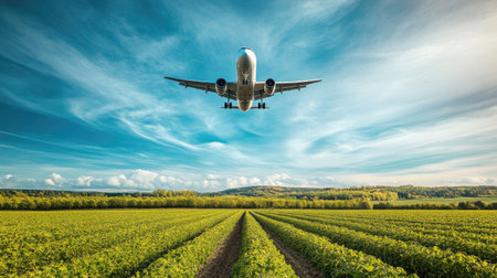 Plane soaring above a farmer's field with rows of green crops below, emphasizing the rural landscape and open skyの素材