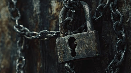 Detailed shot of chains tightly wrapped around a padlock, symbolizing restriction and locked secrets.の素材