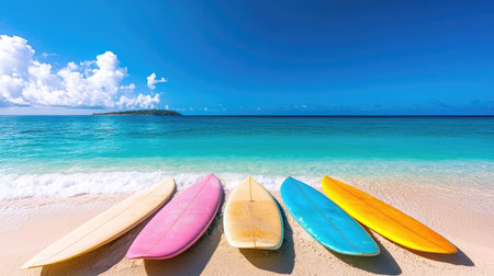 Colorful surfboards laid out in the sand, with the beach stretching out into a calm, turquoise seaの素材