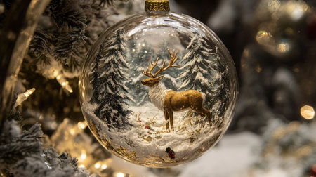 Glass ornament showcasing a reindeer in a snowy forest, creating a magical holiday ambiance.の素材
